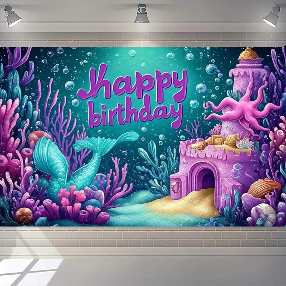 Underwater Mermaid Purple Coral Castle Theme Banner Background, Children's Birthday Party, Home Decoration Photography Backdrop