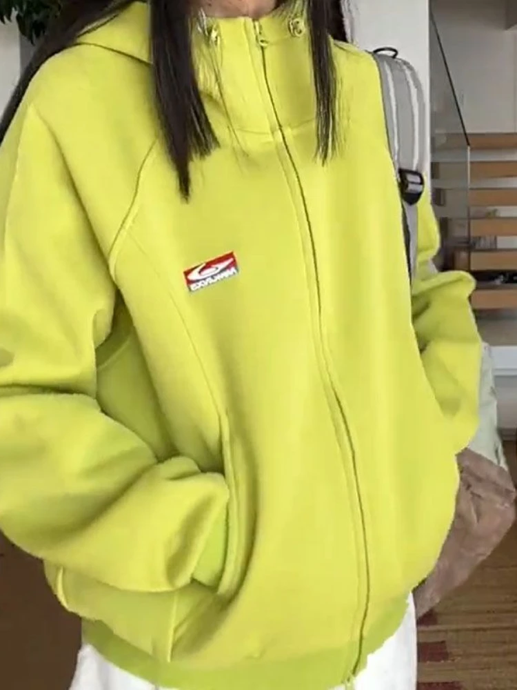 HOUZHOU American Retro Zipper Hoodies Women Hip Pop Green Oversize Hooded Sweatshirts Vintage Grey Casual Classic Solid Coat