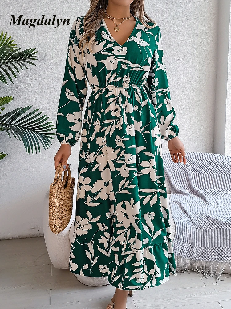 Magdalyn Fasion Hight Waist Long Dresses Vintage V Neck Long Sleeve Casual Women Dresses Chic Flower Print Ruffle Chiffon Dress