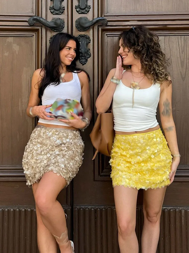 

HH Women's New Fashion Versatile High Waist Slim Solid Sequin Mini Skirt Female Sexy Hip Side Zipper Punk Party Short Skirt