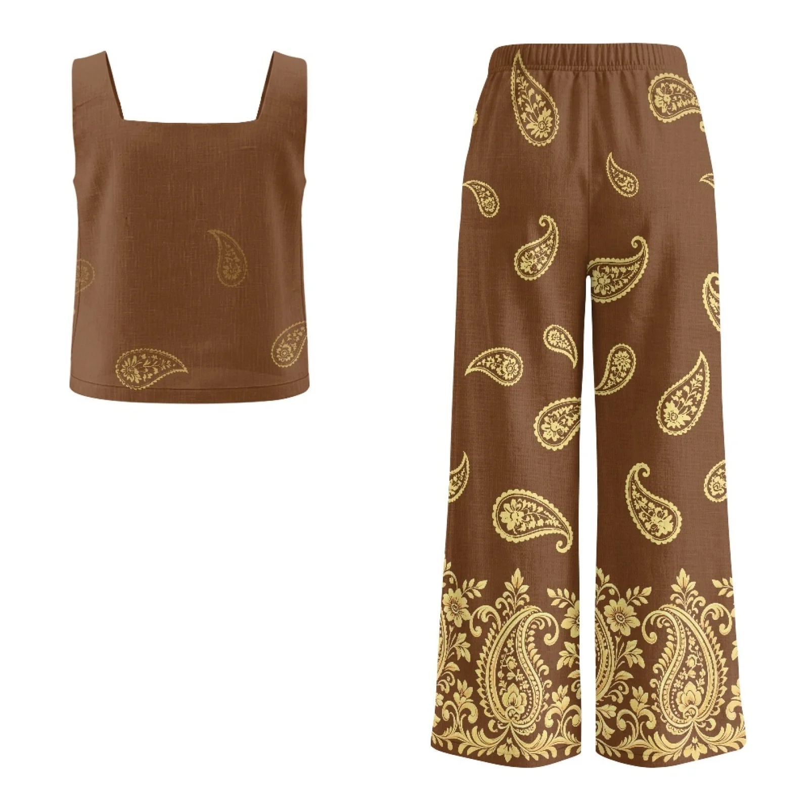INSTANTARTS Women’s Linen Vest Set Women’s Wide-leg Trousers Lightweight Breathable Soft Comfortable Quick-dry Outfit Paisley view 4