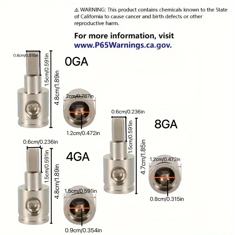 Car Stereo Audio Amp Input Reducer, 0 Gauge to 8 Gauge AWG Pin Power Ground Wire Adapter, 4pcs Set