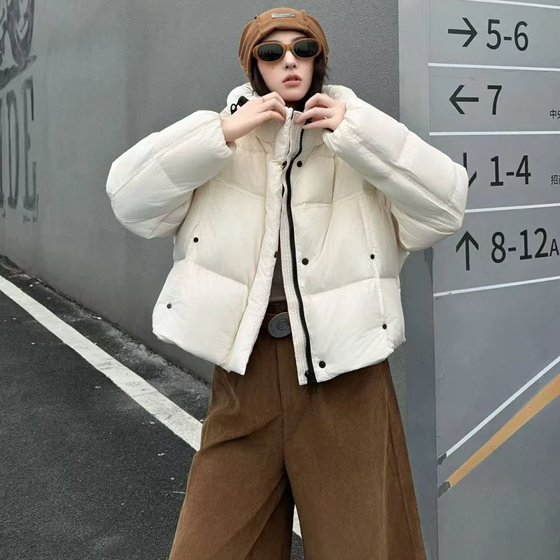 Neue Frauen Weiße Ente Unten Parka Verdickt Mode Winter Puffer Unten Jacke mit Kapuze Lose Warme Mantel Brot Mantel