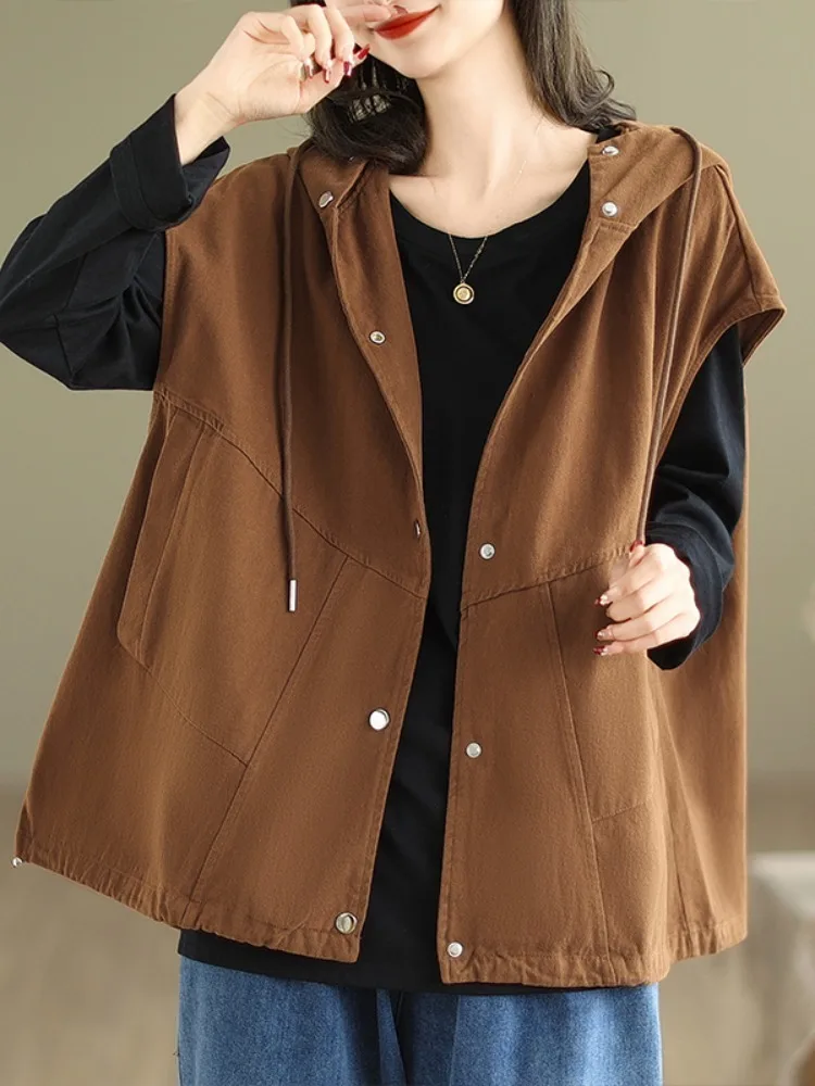 #5136 Spring Autumn Hooded Vest Waistcoat Women Loose Vintage Short Vest Coat Cotton Retro Outerwear Vest Cardigan Solid Color