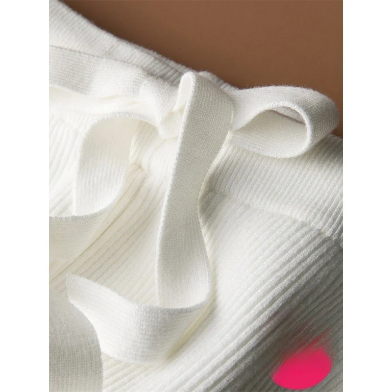 Pantalones de pierna ancha de punto de lana blanca para mujer, pantalones informales holgados elásticos de cintura alta de corte recto para otoño y primavera