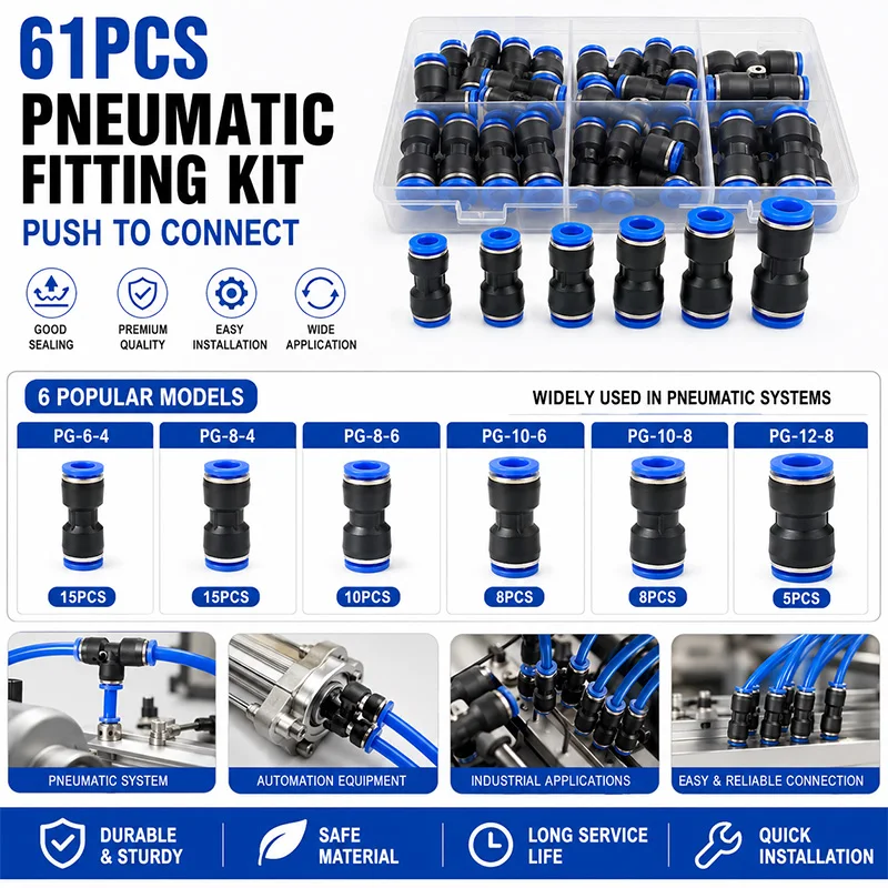 61Pcs PG Pneumatic Straight Reducer Fittings Kit 6-12mm Push In Air Hose Quick Release Connector Assortment Set with Storage Box