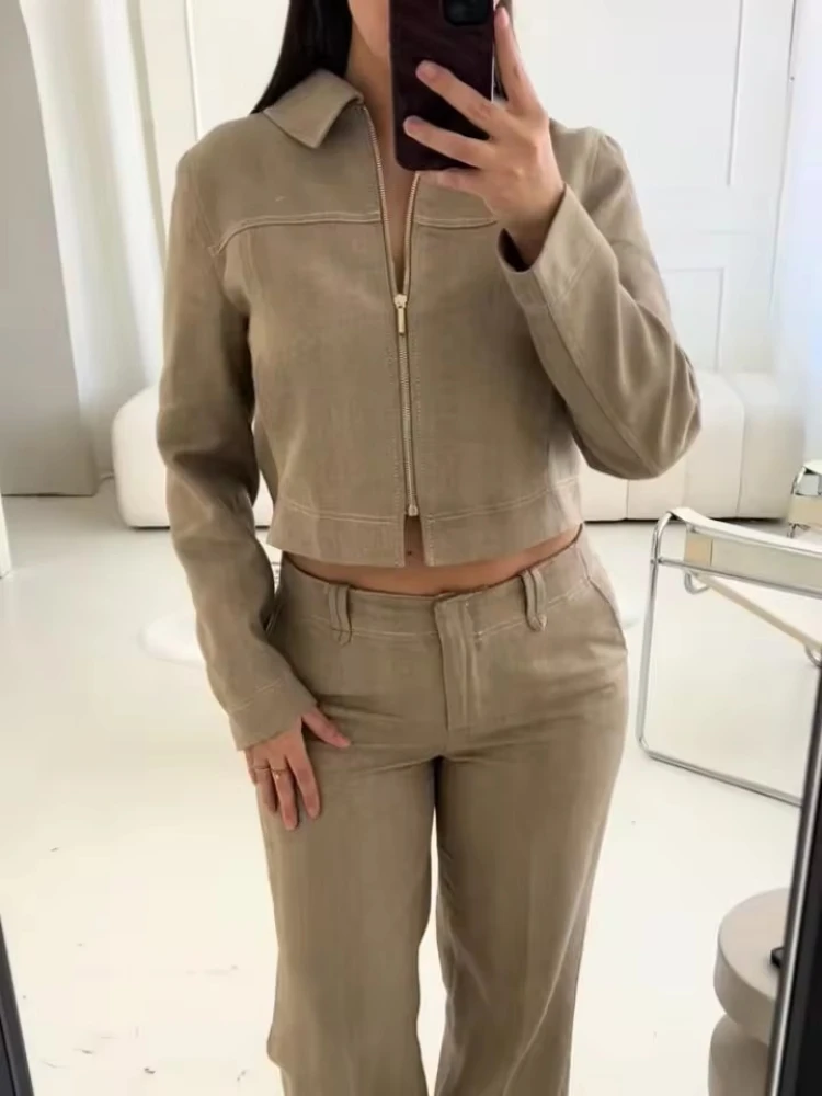 

ZBZA Women's Textured Cropped Jacket Pants Suit Lapel Front Zip Coat High Waist Pocket Straight Pants Spring Summer New Chic Set