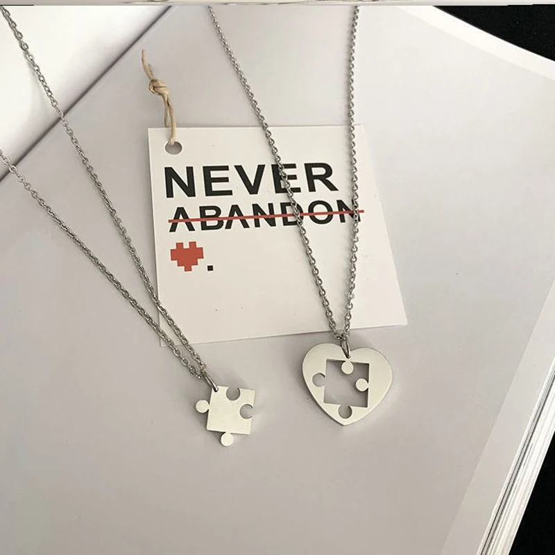 ANENJERY 316L Stainless Steel Heart Puzzle Pendant Necklace For Women Men Couple Simple temperament Valentine's Day Jewelry Gift