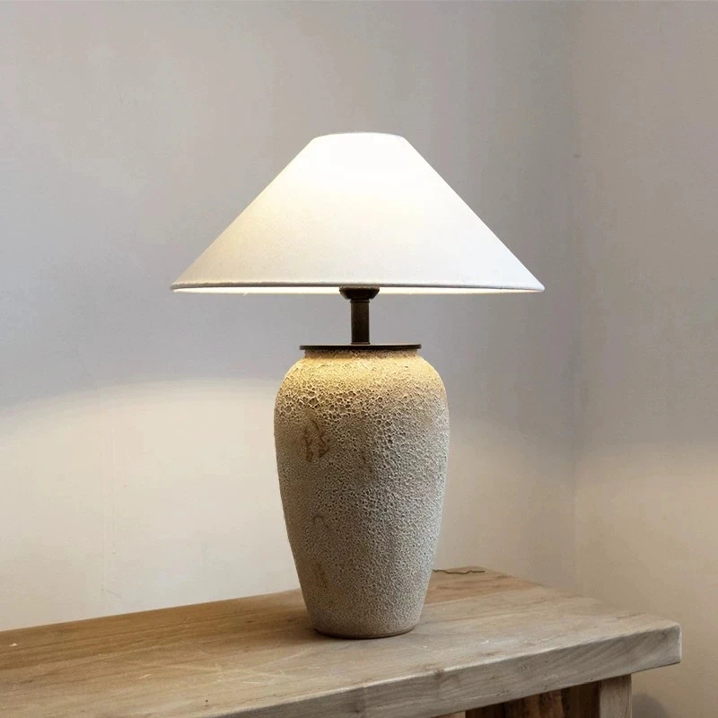 

Handmade Ceramic Table Lamp Linen Shade Wabi-sabi Style Retro Foyer Bedroom Study Indoor Desk Lighting Home Hotel Decor