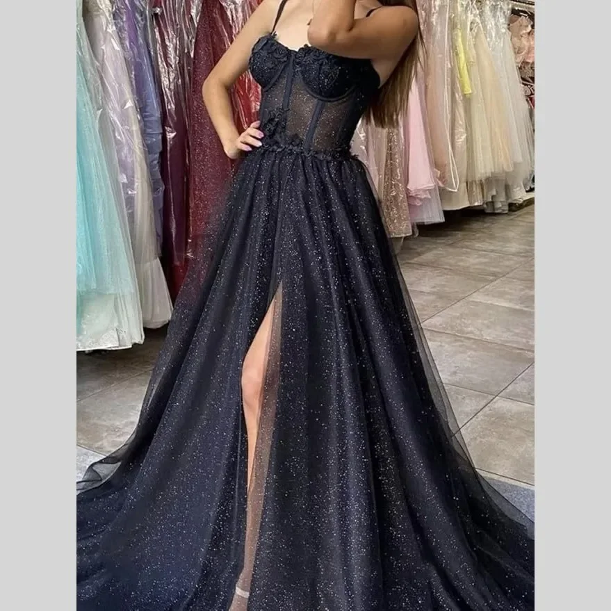 Glitter Tulle Prom Dress Long Ball Gown Spaghetti Straps Lace Appliqued 3D Flower Slit Bridesmaid Dresses Sexy Cocktail party