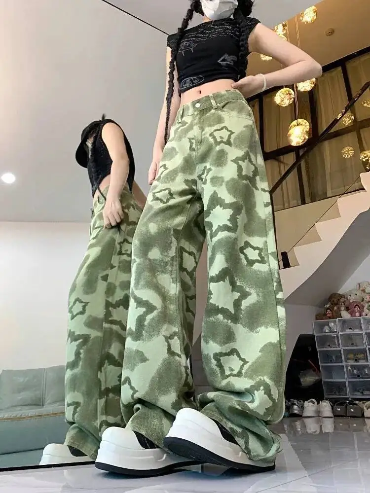 

European Trendy Women's Camouflage Patch Clothing Splicing Design All Match Pants Autumn Green Trousers New