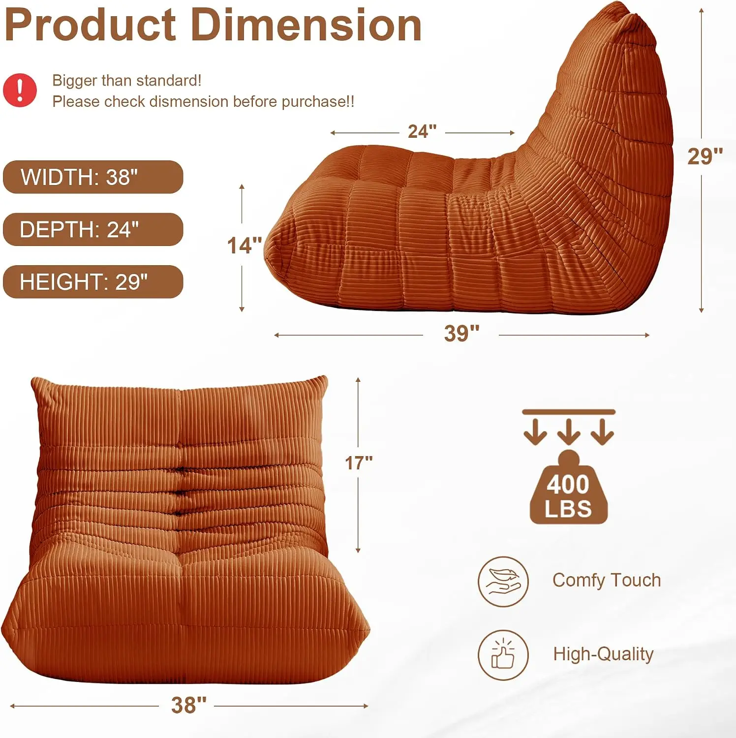 Bean Bag Chair for Adults, Giant Bean Bag Chairs with Lumbar Pillow, Oversized Corduroy Memory Foam Boneless Chair with High-Reb