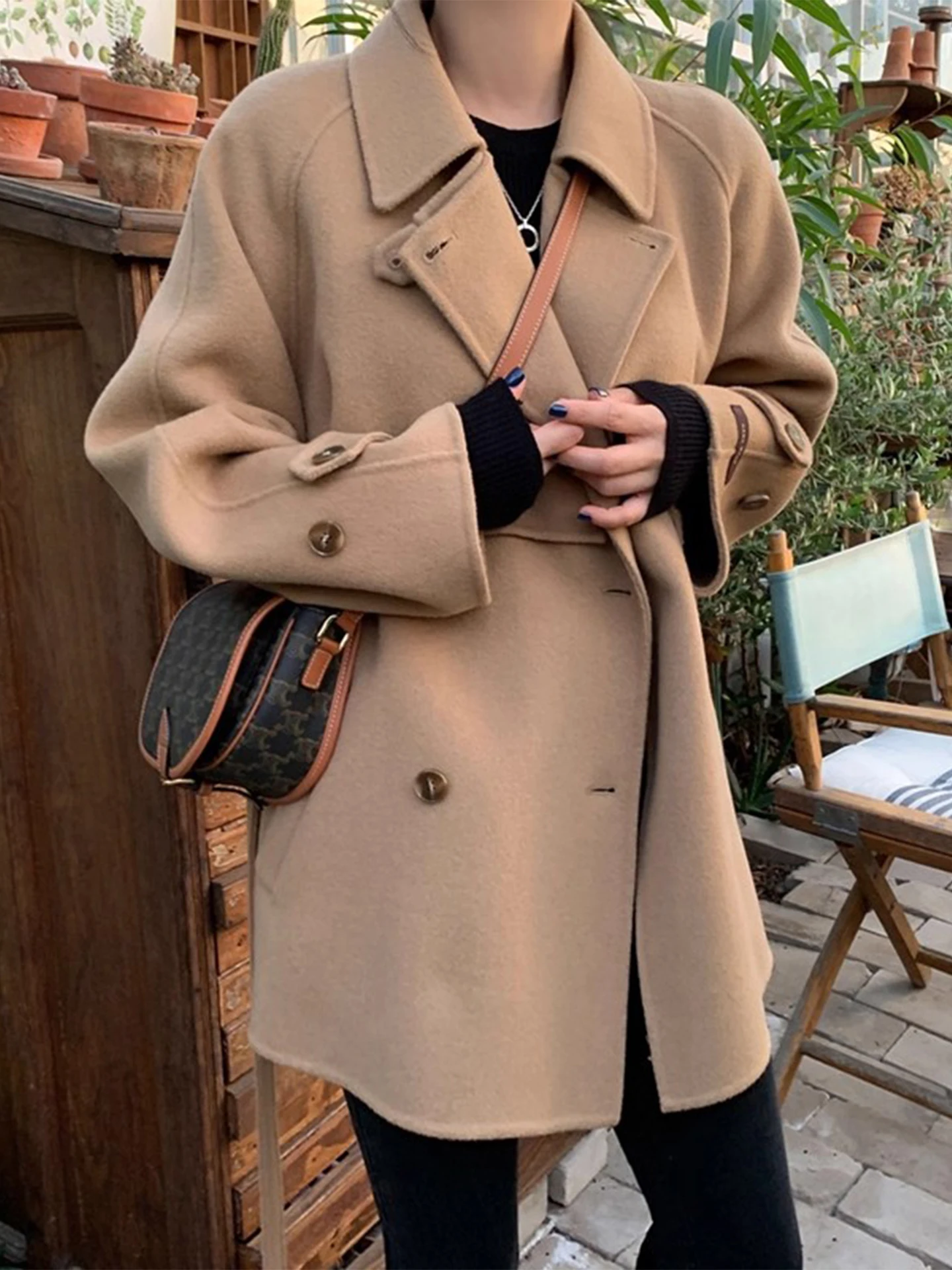 

Chic Winter Vintage Lapel Double Button Pure Color Loose Casual Long Sve Versatile Woolen Coat for Women Korean Sle