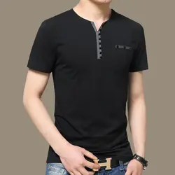 Fashion Men Cotton Short Sleeve T-shirt Korean Summer V-Neck New Male Clothing Big Size Vintage Breathable Casual Slim Tops 5XL