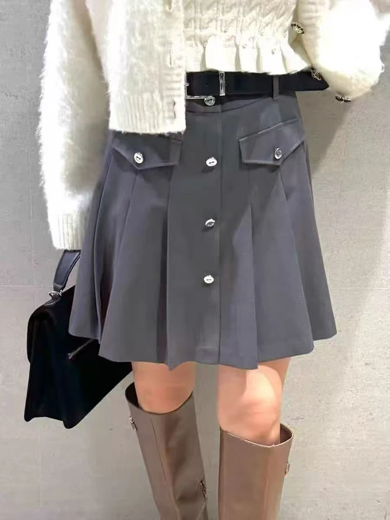 

High Waist A-Line Pleated Skirt Belted New Spring Summer Pure Color College Style Half-length B25241 Women's Polyester Fiber