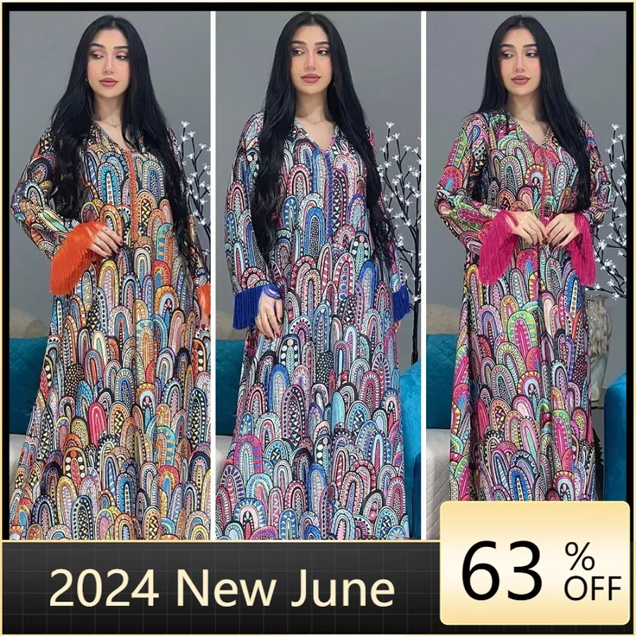 

Muslim Dubai Women Print Maxi Dress Tassel Abaya Eid Ramadan Caftan Femme Musulman Gulf Jalabiya Marocain Kaftan Robe Islam Gown