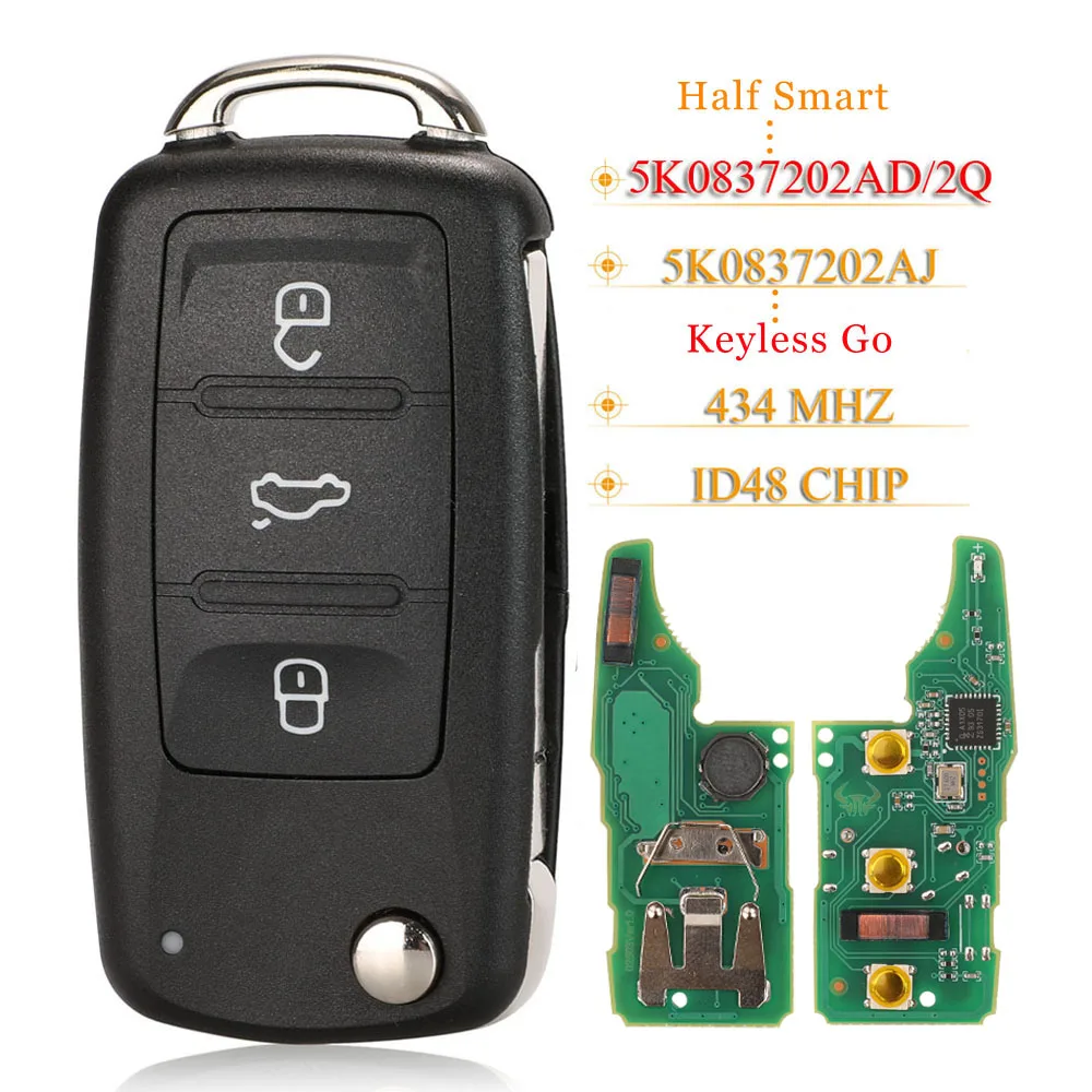 jingyuqin Keyless Go Remote Key 434Mhz ID48 For VW Caddy Eos Golf Jetta Beetle Polo Tiguan Touran 5K0837202AD /202Q 5K0837202AJ