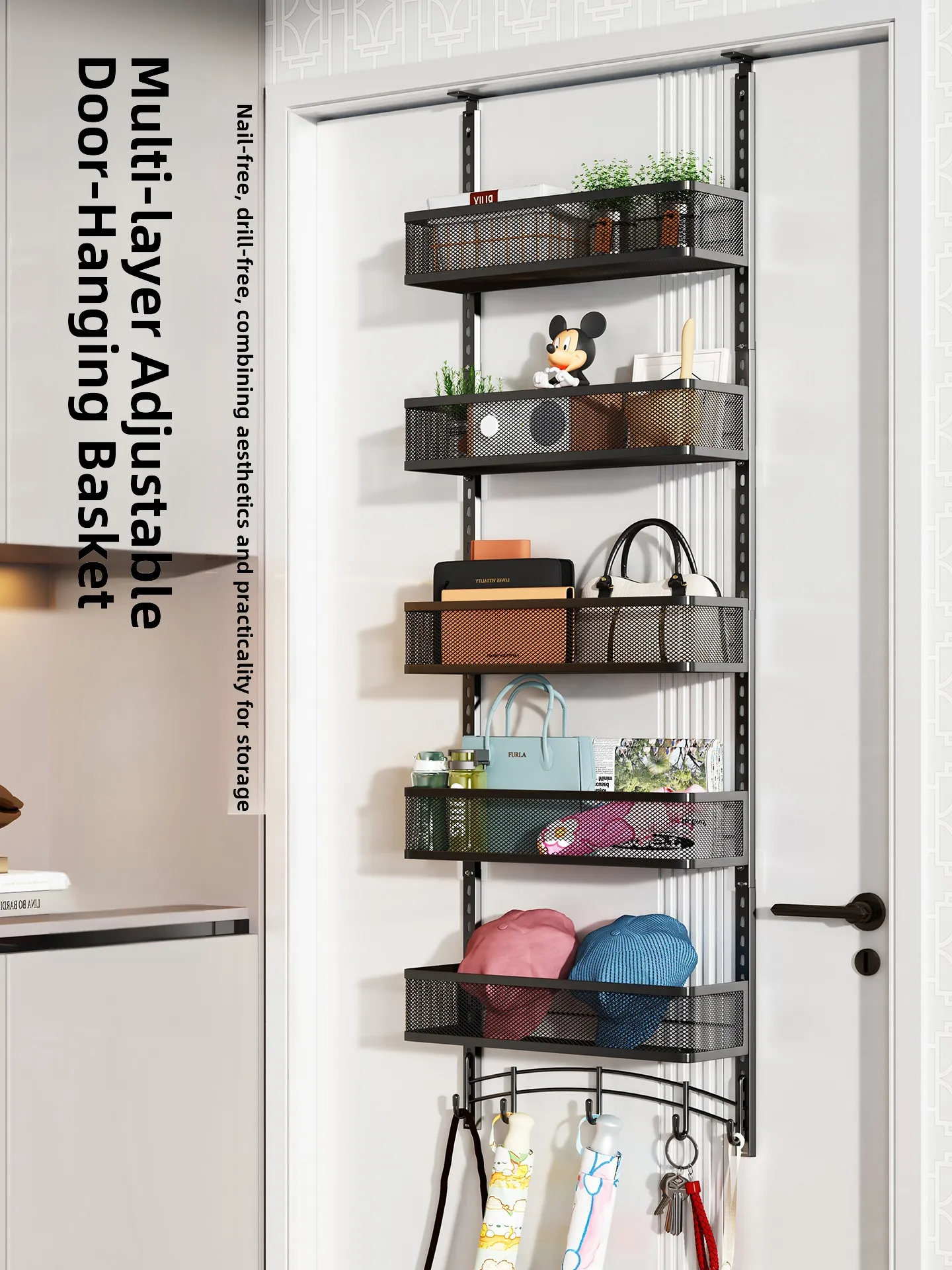 

Multi-Layer Door Ba Hook Ra No-Drilling Bedroom Bag Space Utilization Iron Flat Hook Set Pure Color Japanese Sle