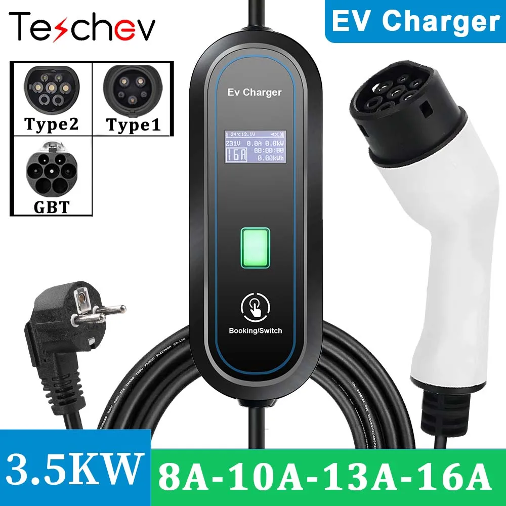 

Teschev Portable EV Charger Type2 Cable 16A 3.5KW with CEE Plug EVSE Type1 Charging Box J1772 Charger for Electric Vehicle