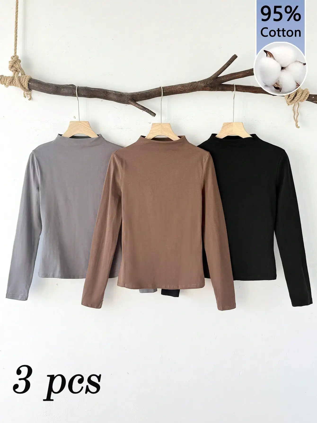 

Комплект из 3 женских футболок с высоким воротом и длинными рукавами из 95% хлопка - черный, серый, коричневый