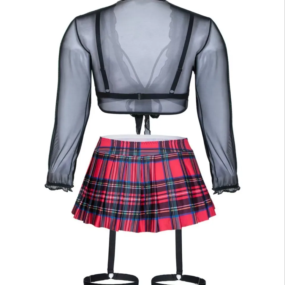 فستان نسائي أنيق مثير مقاس كبير شبكي شفاف للعب الأدوار مقاس كبير من قطعتين ملابس داخلية للتلميذة
