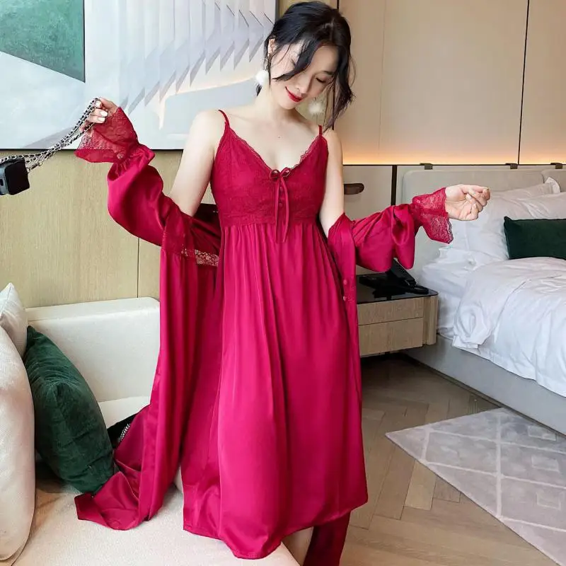 Satin Kimono Robe Gown Sets Women Sleepwear 2 Pieces Bathrobe&Cehmise Nightgown Suit Summer Lace Nightwear Lingerie With Buttons