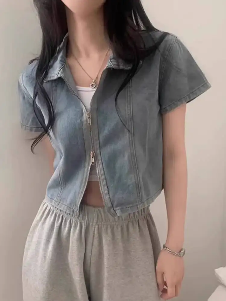 

2026 New Summer Women Double Zipper Denim Shirt Jacket Retro Design Loose Casual Cropped Top Streetwear