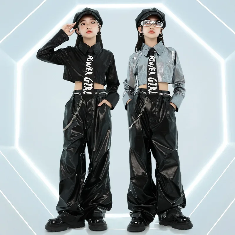 

Crop Tops Leather Pants Streetwear For Girls Group Jazz Performance Stage Clothes Kids Hip Hop Dance Costumes