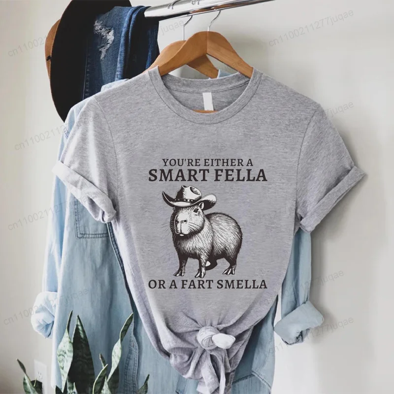Short Sleeve Tees Shirt Women Retro Smart Fella Capybara 90s Graphic Y2k Tops Harajuku Streetwear Vintage 90s Aesthetic Clothing