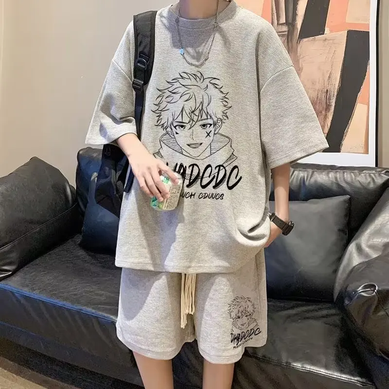 TZ03 Men's new Waffle Summer Suit 2026 Casual T-shirt + Shorts Suit M XXXL 4XL Men's Tracksuit Solid color tracksuit loose suit