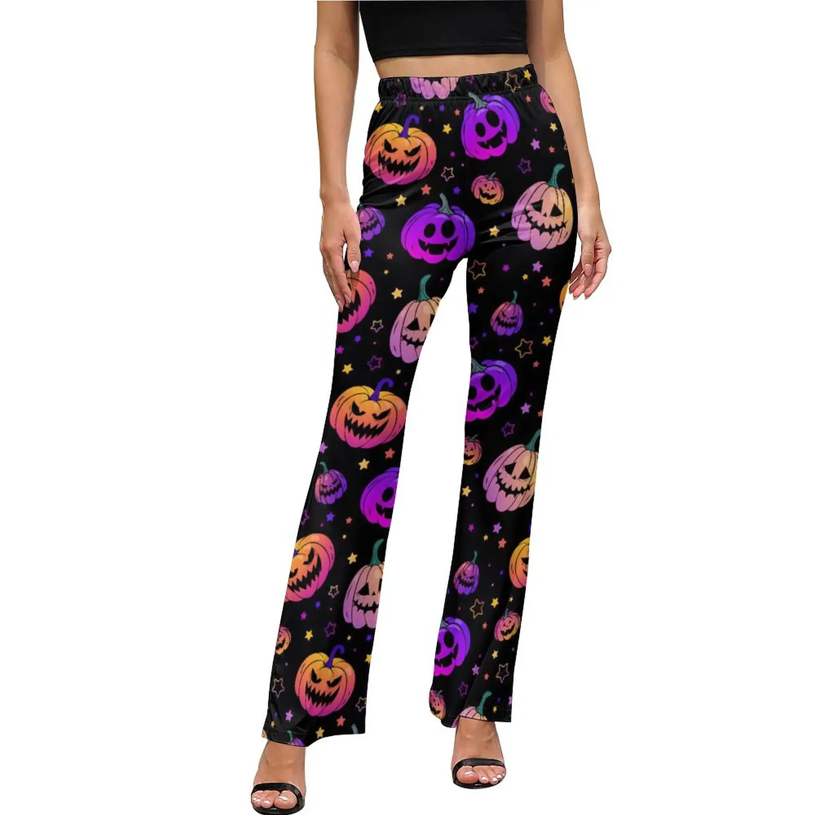 

Neon Pumpkins Casual Pants Summer Halloween Print Office Design Flared Trousers Elastic Waist Slim Stretch Street Fashion Pants