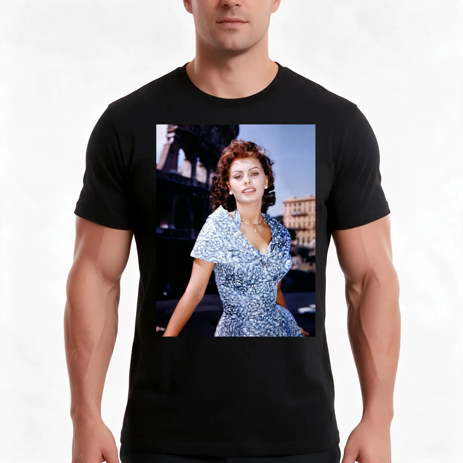 Camiseta com estampa do vestido azul de Sophia Loren, camiseta de algodão casual para o verão, blusas largas de estilo urbano, estampa gráfica vintage