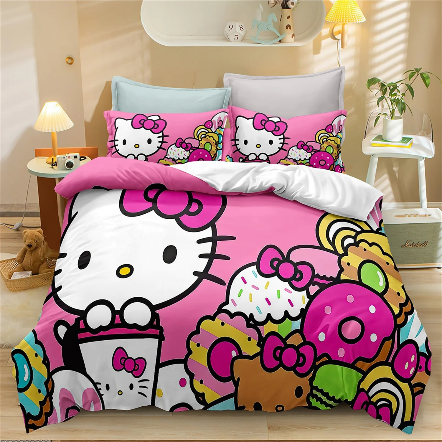 Kitty Cats Duvet Cover,Hello Kitty Bedding Set Pink Kawaii Anime Quilt Cover For Girl Kids Single Decor Home Bedclothes Custom