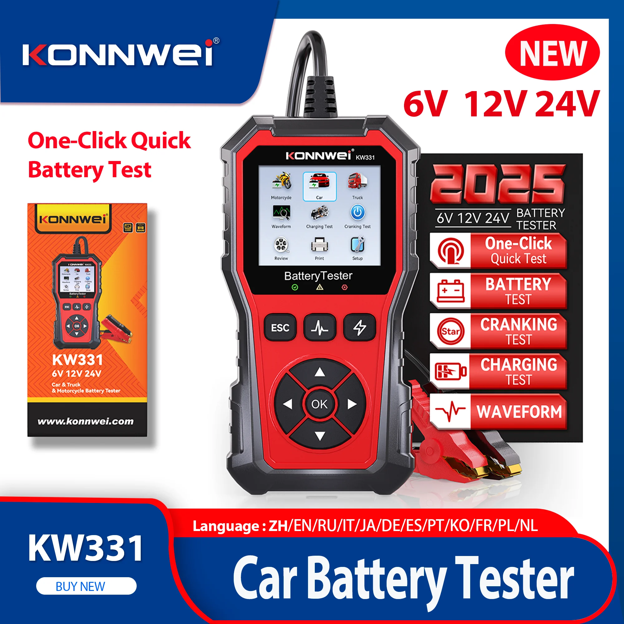 2026 KONNWEI KW331 Car Battery Tester 6V-12V-24V 100-2000 CCA Cranking Charging Circut Voltage Waveform Analyzer Battery Tools
