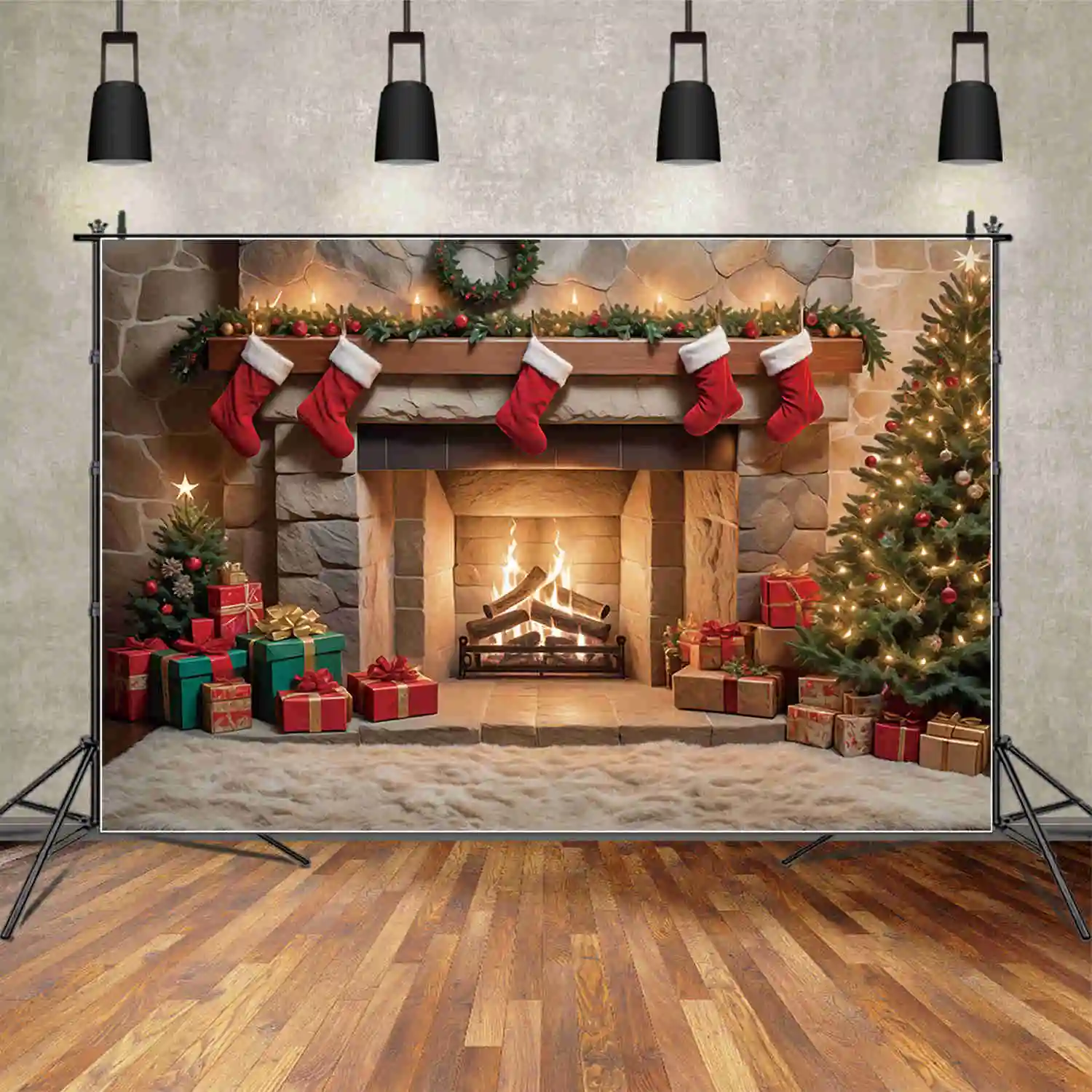 MOON.QG-خلفيات إطار موقد عيد الميلاد ، خلفيات شجرة مدفأة داخلية مزخرفة ، إكسسوارات تصوير حفلات ، هدية