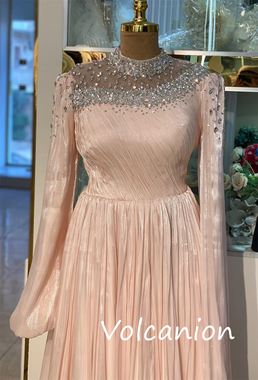 Customized Formal Casual Jersey Sequined PleatA-lineHigh Collar Long Dresses Bespoke Occasion Exquisite