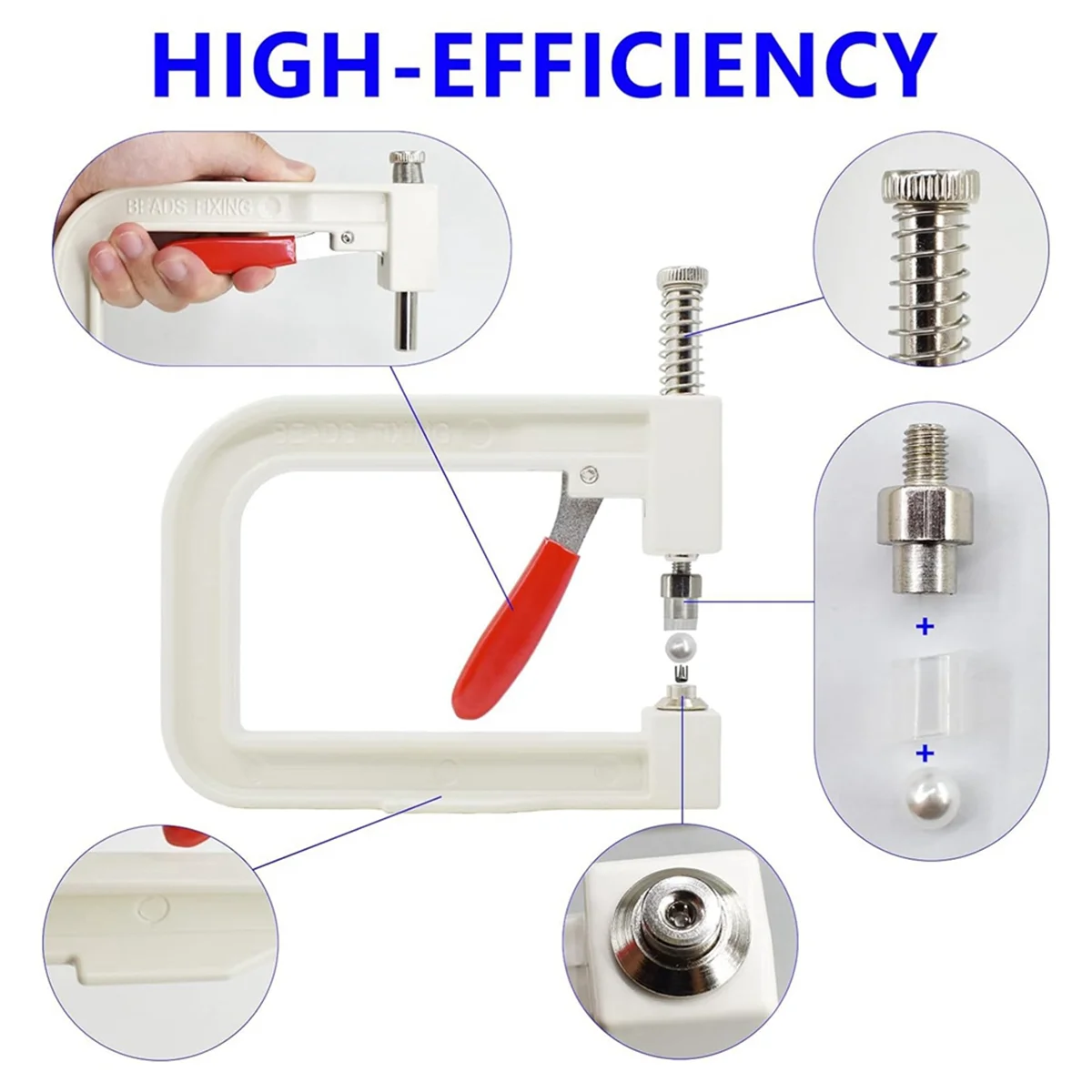 أدوات يدوية لآلة ضبط اللؤلؤ مع 5 أحجام من خرز اللؤلؤ الأبيض المستدير لتزيين الملابس