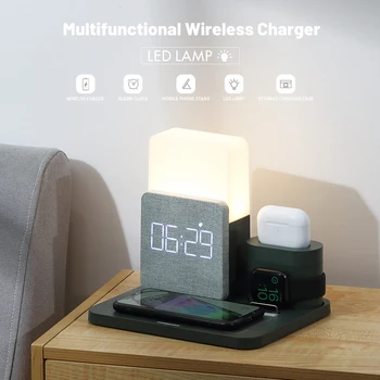 15W Wireless Charger 3 in 1 Fast Charging Station Digital Alarm Clock 3 Gears Night Light for iPhone 13 Watch AirPods Support