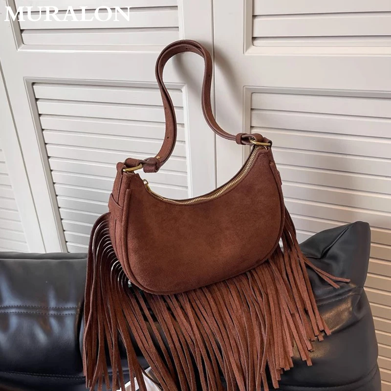 Suede Leather Tassel Shoulder Bag 2024 New Niche Design Vintage Crossbody Saddle Bag Fashion Female Shopping Armpit Bag Handbags