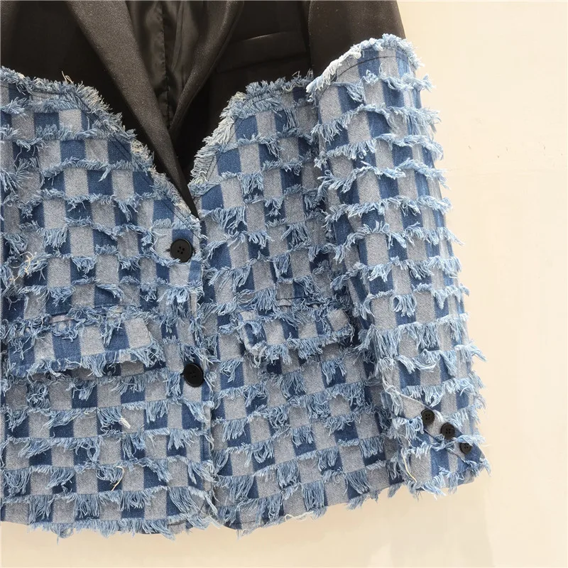Mode gerafelde bramen geruit jasje losse casual gekerfde kraag contrasterende kleur denim lange mouwen stiksels dames blazers jas