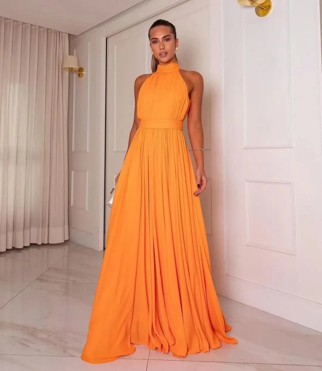 

Sansa Elegant High Neck فساتين السهرة Сексуальное платье трапециевидной формы с рукавами для выпускного вечера Светло-оранжевое 100D шифоновое пышное платье Vestidos De Noche