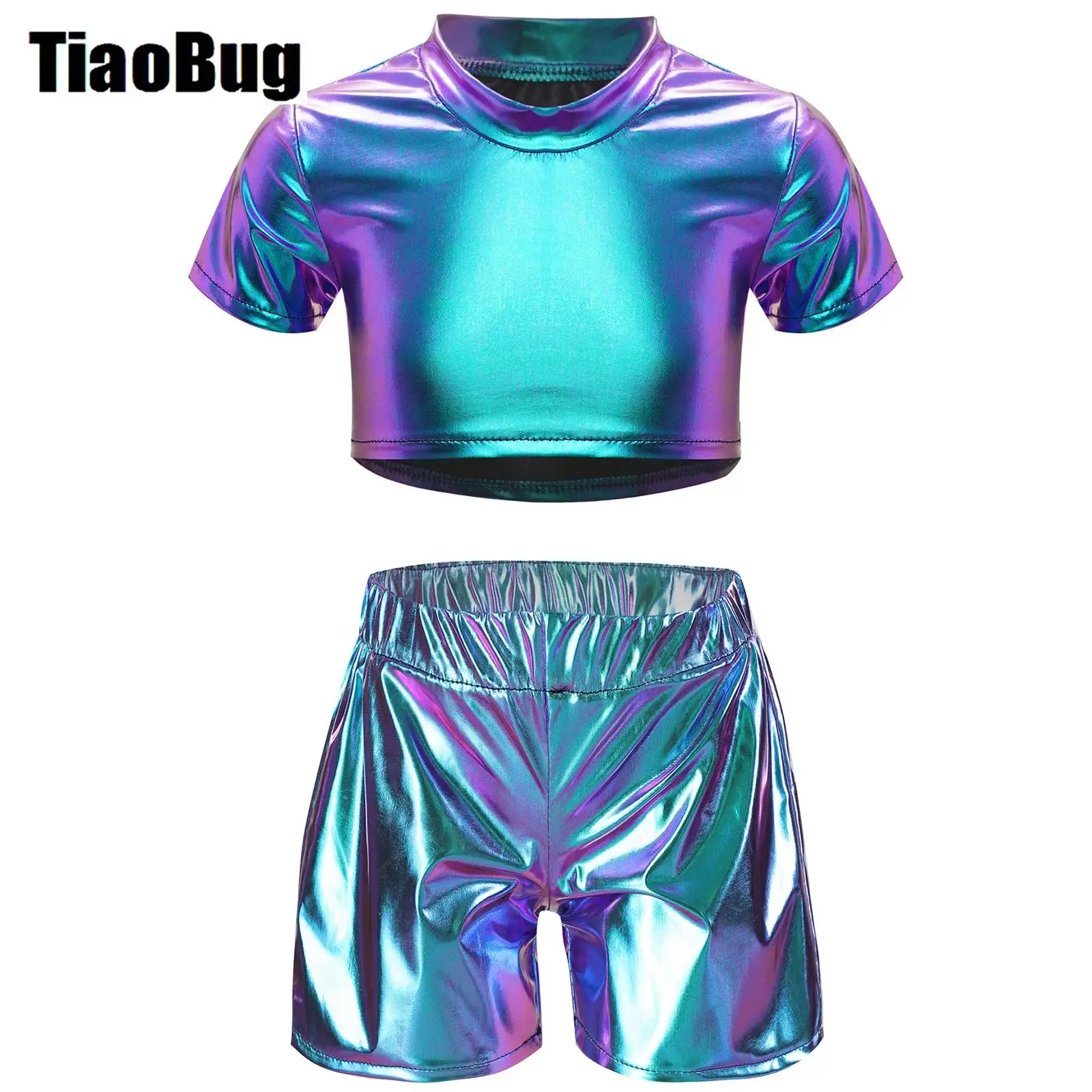 

Kids Girls Street Dance Sets Short Sleeve Round Neck Metallic Crop Top with Shorts for Cheerleading Stage Performance