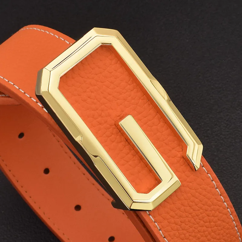 新しいオレンジレザーベルトスムースバックルgレターメンズファッショナブルな多用途カジュアルウエストベルト若者と中年向け