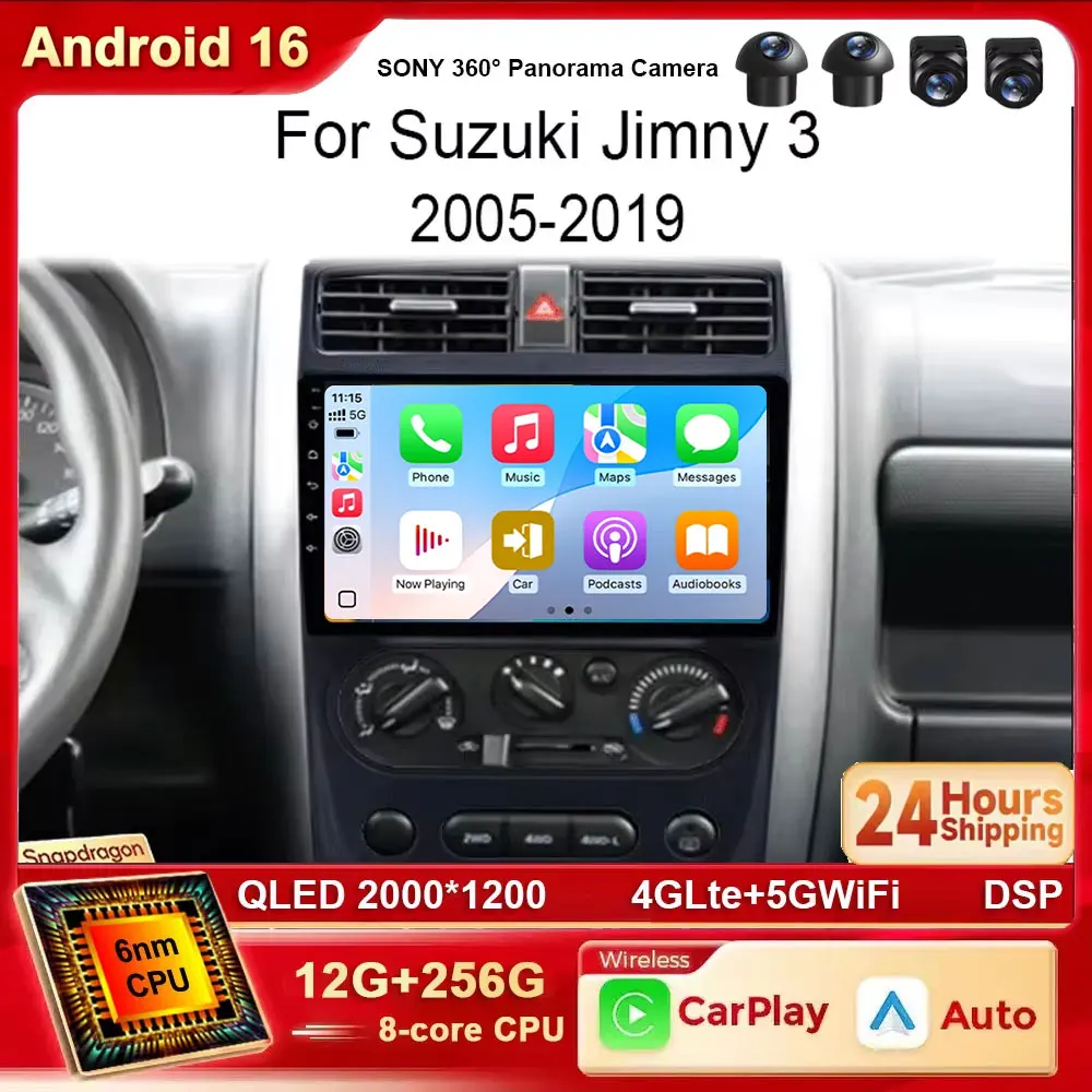 Android 16 For Suzuki Jimny 3 2005-2019 Carplay Auto Radio Stereo Multimedia Navigation Screen Console WIFI 4G BT DSP DVD 2 DIN
