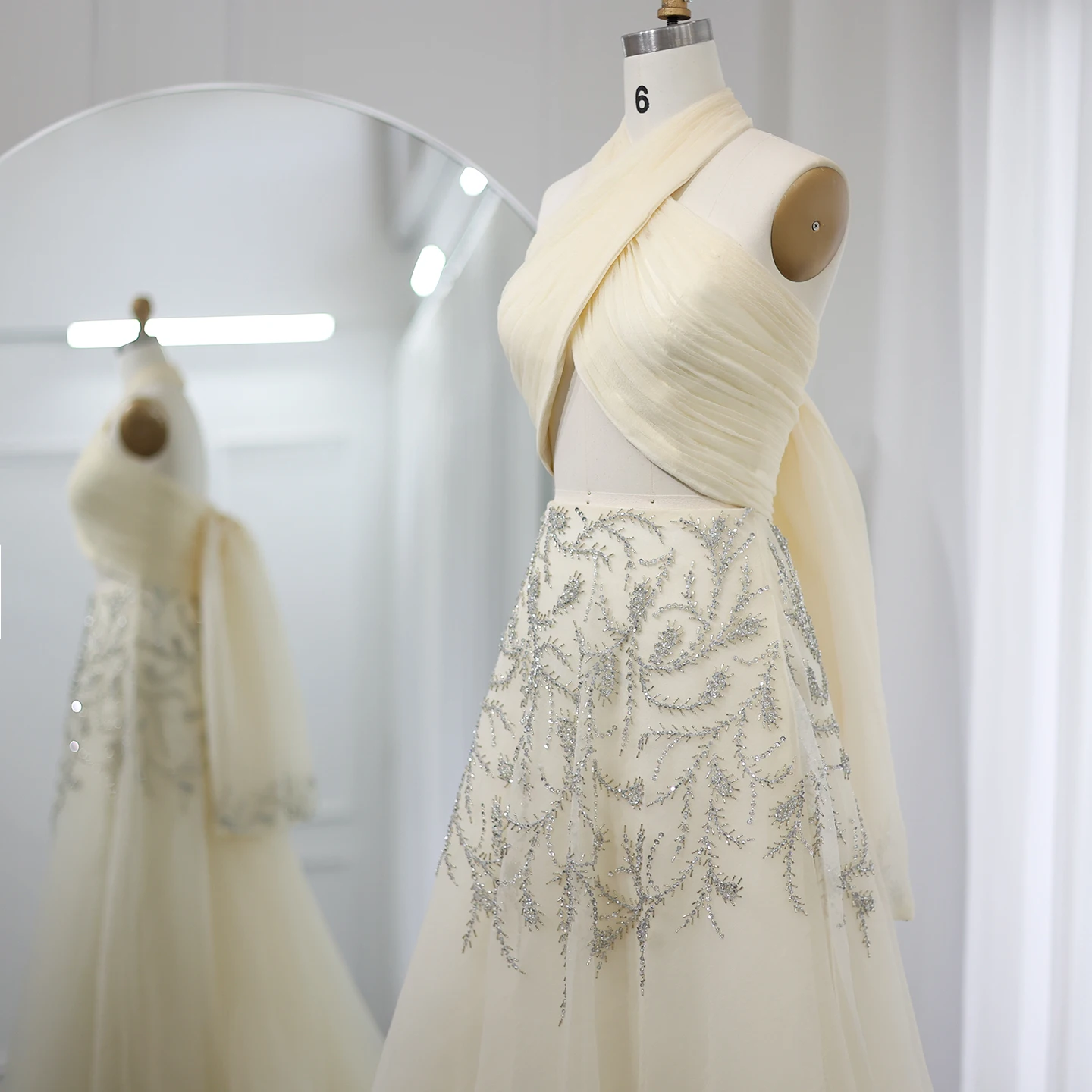 샤론 사이드 아랍 홀터, 베이지 두바이 이브닝 원피스, 여성 웨딩 럭셔리 크리스탈 두바이 롱 프롬 파티 드레스, SS444 맞춤형