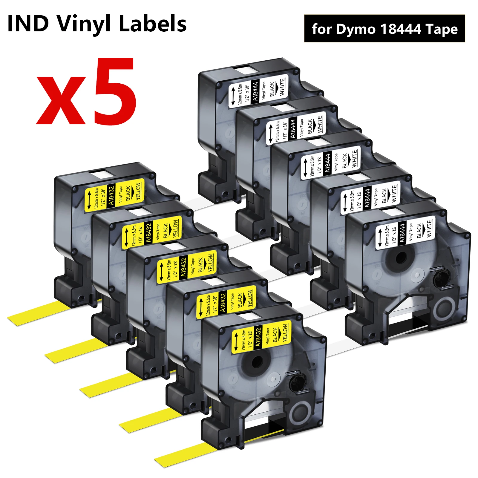 5/10PK 9mm 12mm 19mm Compatible for Dymo IND A18444 S0718600 Vinyl Label Tapes Ribbons Replacement for Dymo Rhino 1000 4200 6000