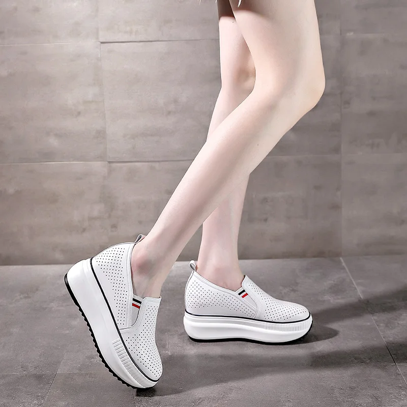 8CM Wedge Pumps Moccasins Women Platform High Brand Sandals Genuine Leather Hollow Summer Shoes Hidden Heels Female Shoes