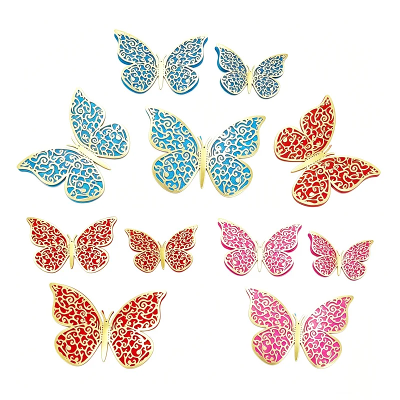 12PCS New Double-layer Colorful Hollow Butterfly Wall Sticker 3D Glitter Cardboard Butterflies Wedding Birthday Party Decoration