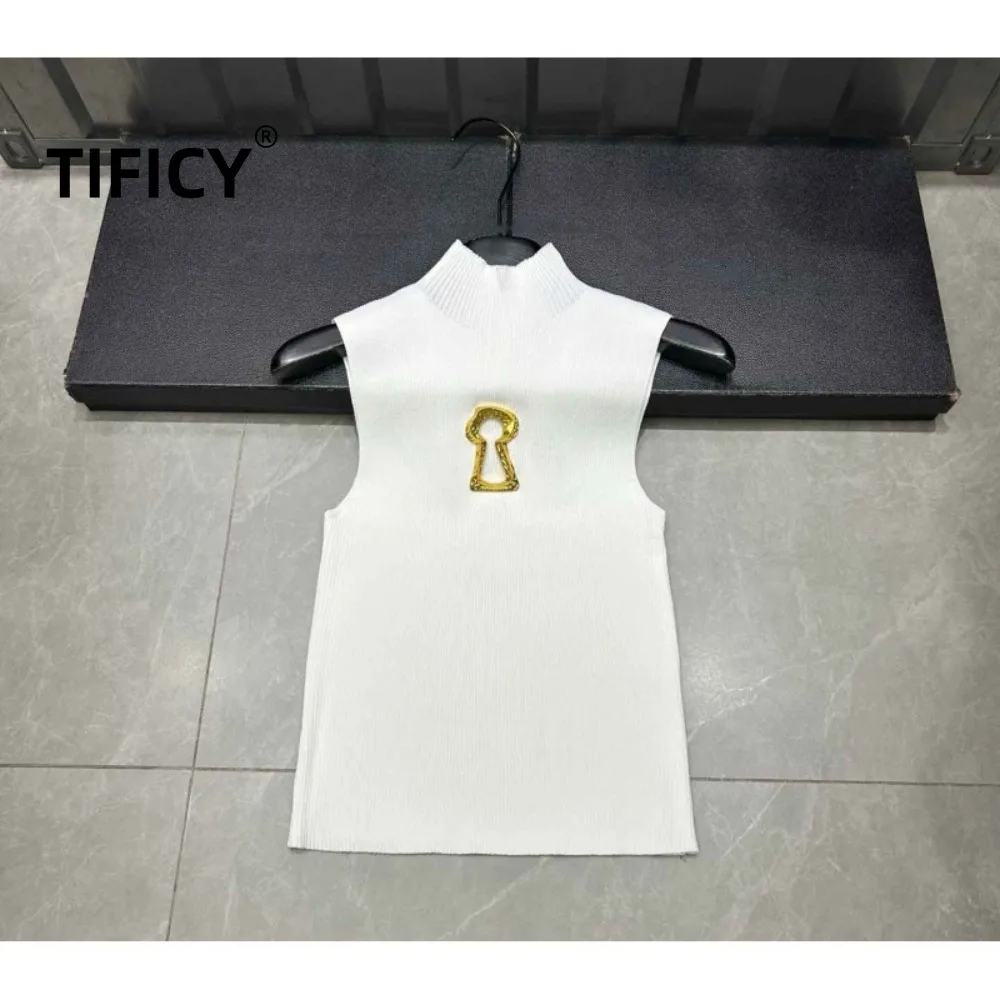High Street Tanks Women's Summer High-end Style New Temperament Commuting Mid Neck Metal Decorative Tanks