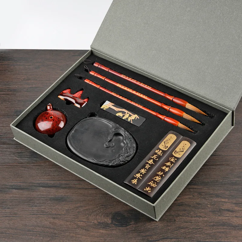Chinese Calligraphy Set 10 Piece Gift Box with Wolf Hair and Mixed Hair Brushes Ink Stick Inkstone Paperweight Water Dropper